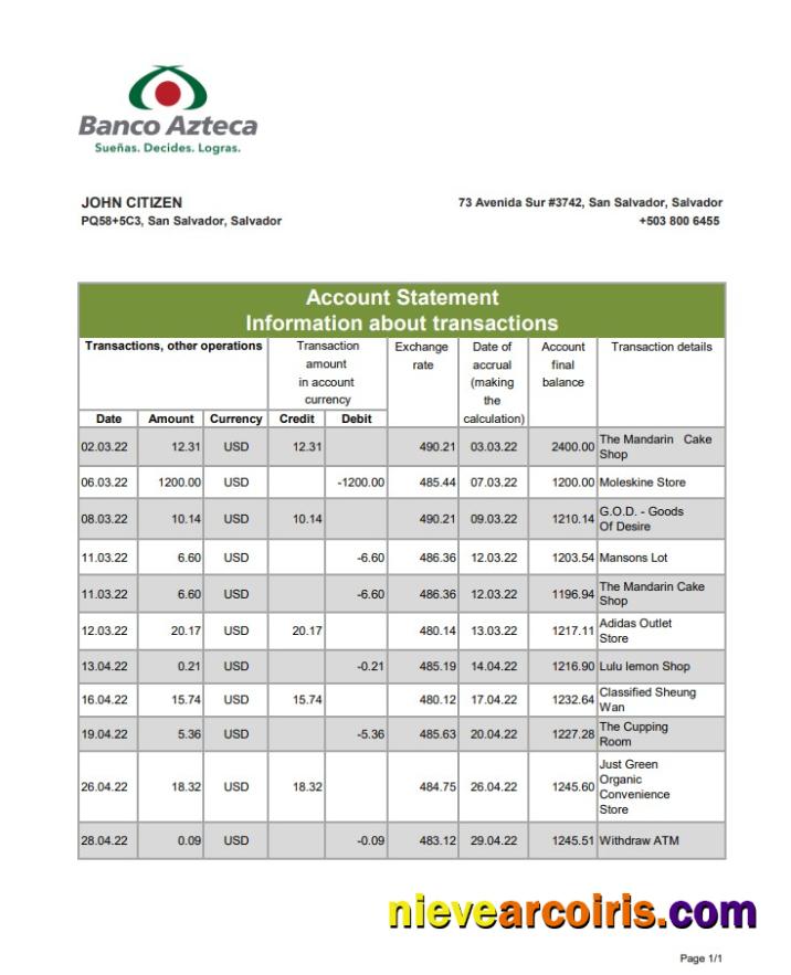 Salvador Banco Azteca bank statement xls